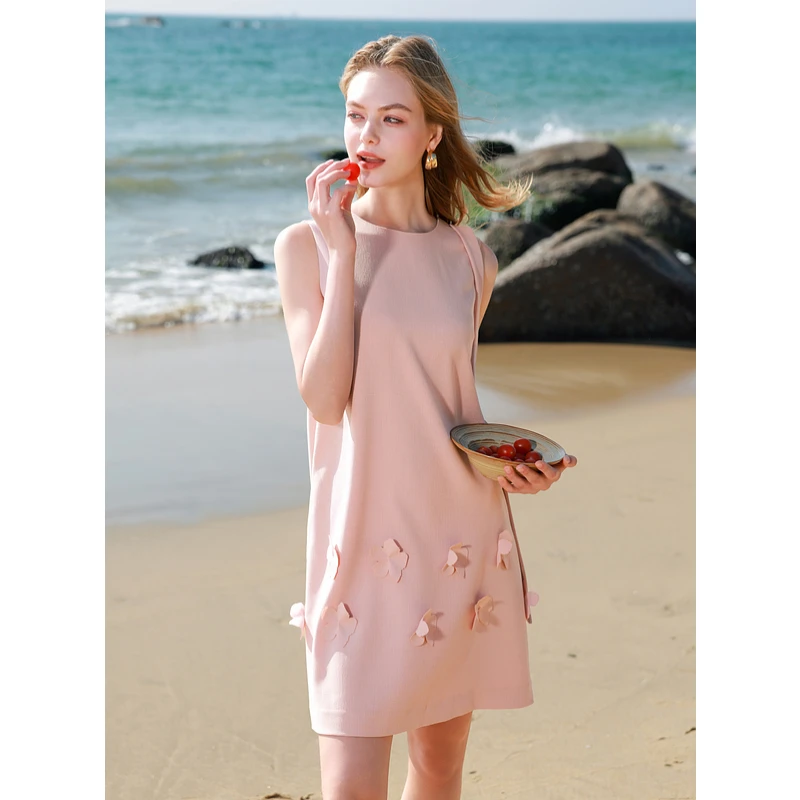 三彩领证小白裙2025夏季新款飘带连衣裙立体花朵无袖a字短裙女M