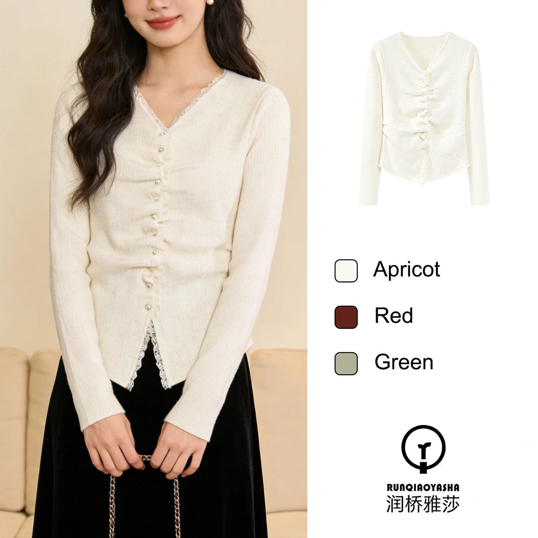 【润桥雅莎】韩系长袖蕾丝边INS风毛针织衫气质百搭针织衫上衣D1660