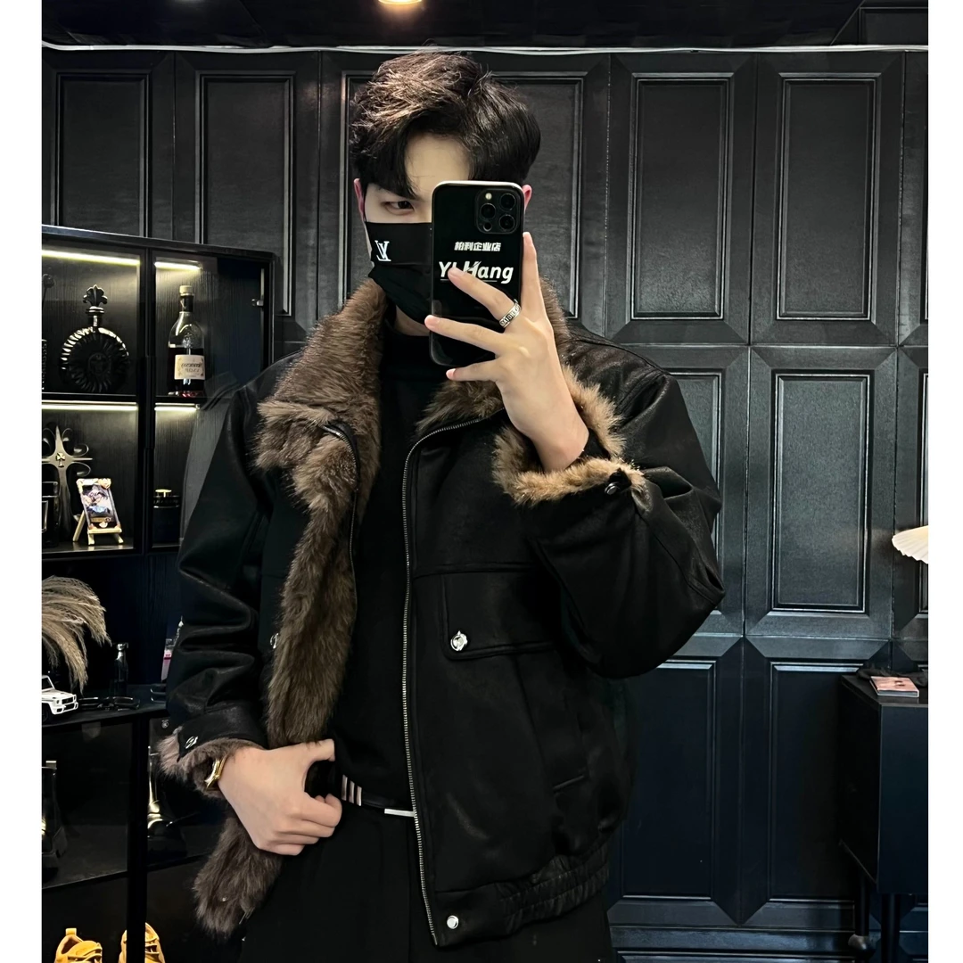 YIHANG 26新品【秋冬限定】美式麂皮绒加厚翻毛领机车夹克男1116