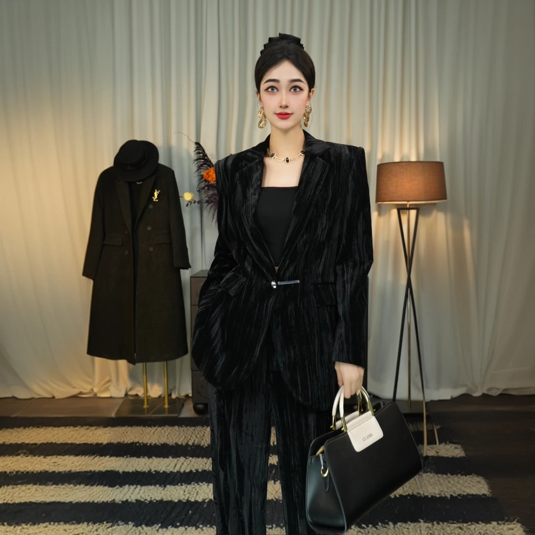 QIANTAI【黑曜石】高奢休闲气质显瘦女士西装套装宽松轻奢套装