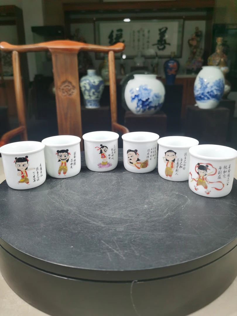 羊脂玉陶瓷茶杯哪吒闹海品茗杯主人杯个人杯茶盏茶碗