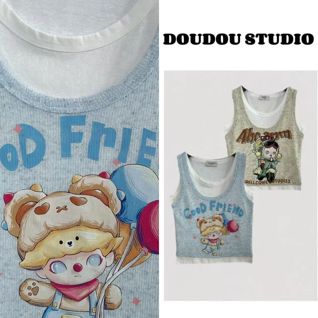 【兜兜】摩托女孩 夏季冰感印花背心拼接真两件缝一起 210545