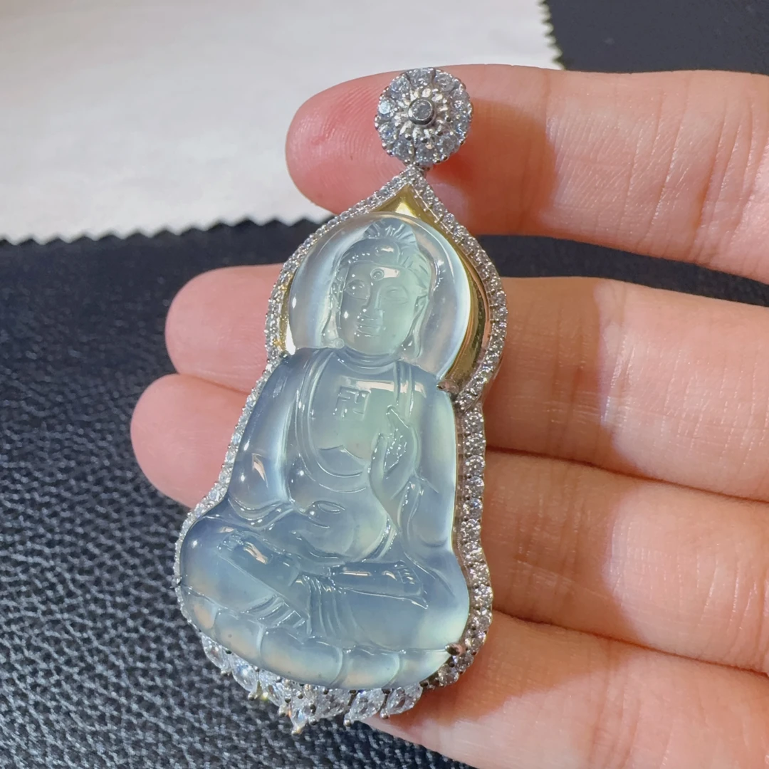 【新款如来佛】天然A货翡翠高冰天空蓝吊坠一刀切s925银镀金098