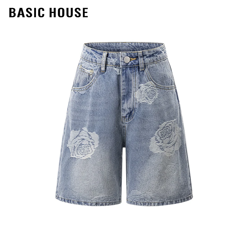 百家好/Basic House高腰玫瑰花牛仔短裤女小众通勤百搭直筒五分裤