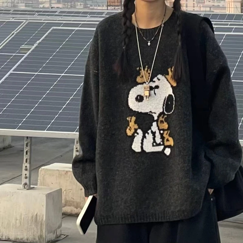 冬季新款简约慵懒风卡通圆领款磨毛加厚长袖毛衣3532款