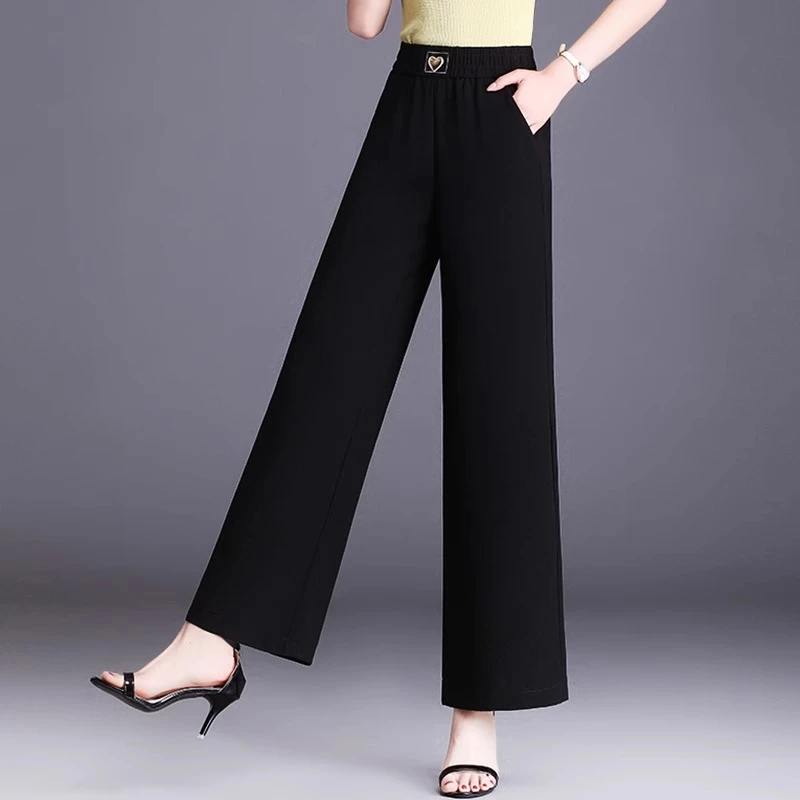 杜拉妮雪纺阔腿裤女夏季薄款九分裤黑色裤子高腰垂感宽松直筒显瘦