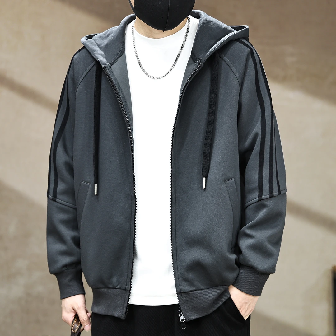 美式重磅300g复古开衫连帽外套男秋冬潮牌运动宽松休闲条纹卫衣男