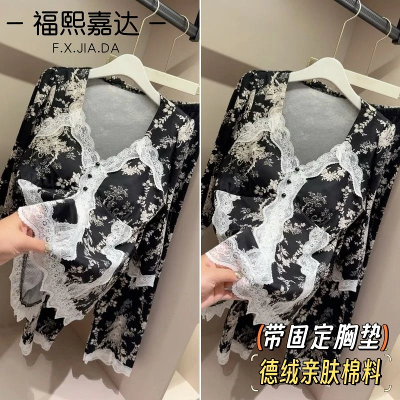 福熙嘉达2025新款睡衣女德绒拼蕾丝保暖套装宽松显瘦时尚家居服
