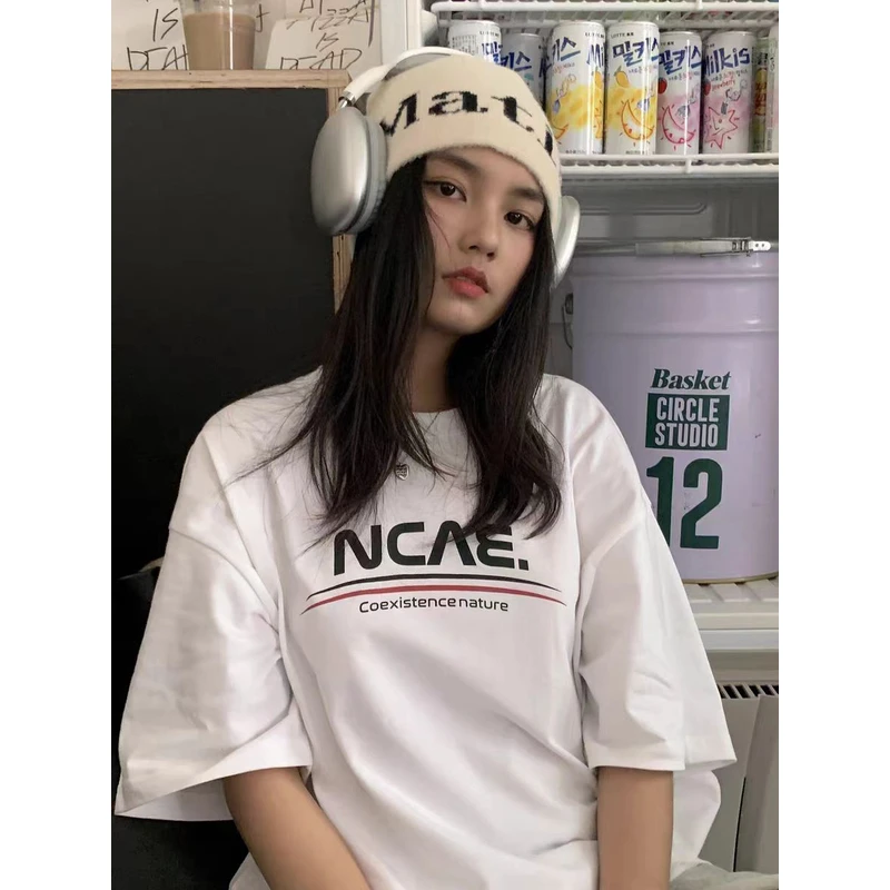 【NCVE】夏季纯棉T恤女短袖休闲百搭字母短袖宽松印花透气春夏