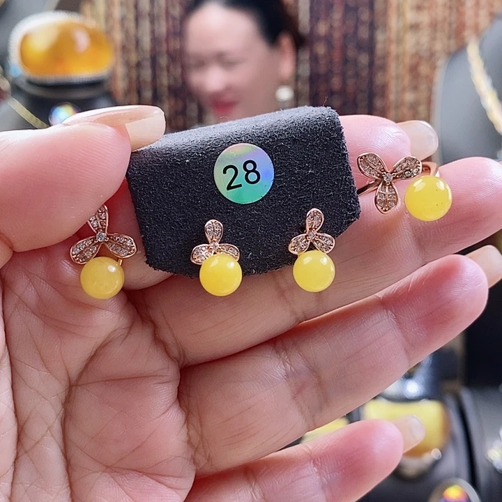 琥珀颈饰银S925镶嵌套装不含链