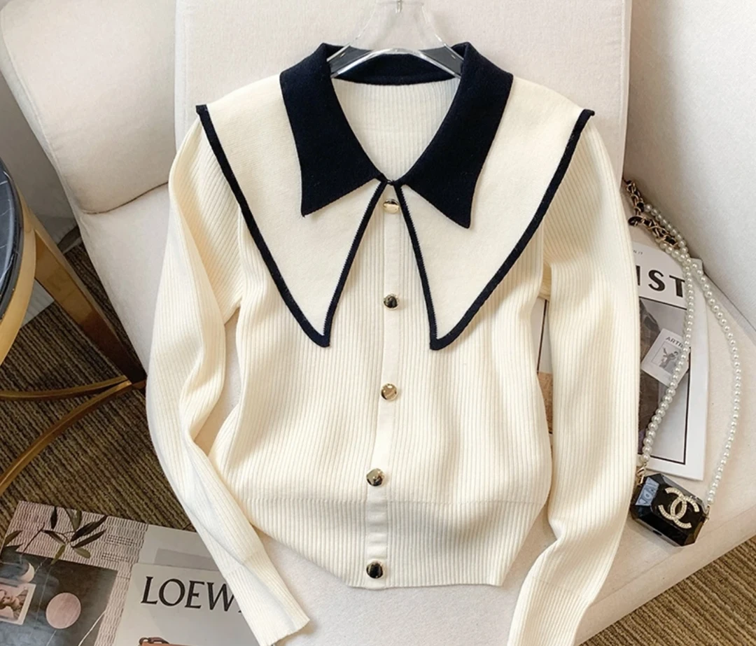 小香风撞色春季娃娃领新款2025宽松时尚洋气百搭针织衫上衣设计感