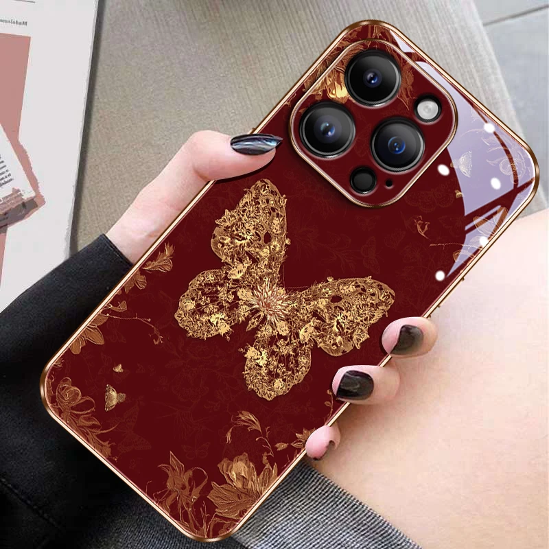 适用苹果16华为绯红金蝶手机壳15pro max新年红色16pro网红爆款女