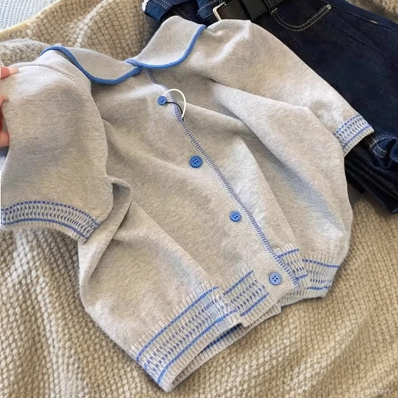 穿过没有想脱的！韩系复古灰蓝撞色针织衫女2025夏季洋气百搭上衣