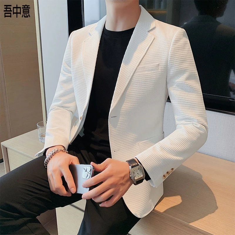 华夫格西装外套男韩版修身春秋商务时尚纯色百搭高级感休闲西服男