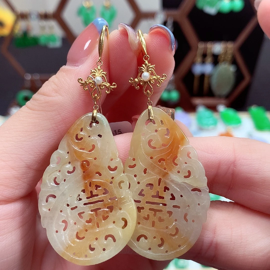 翡翠耳饰18K金镶嵌天然翡翠