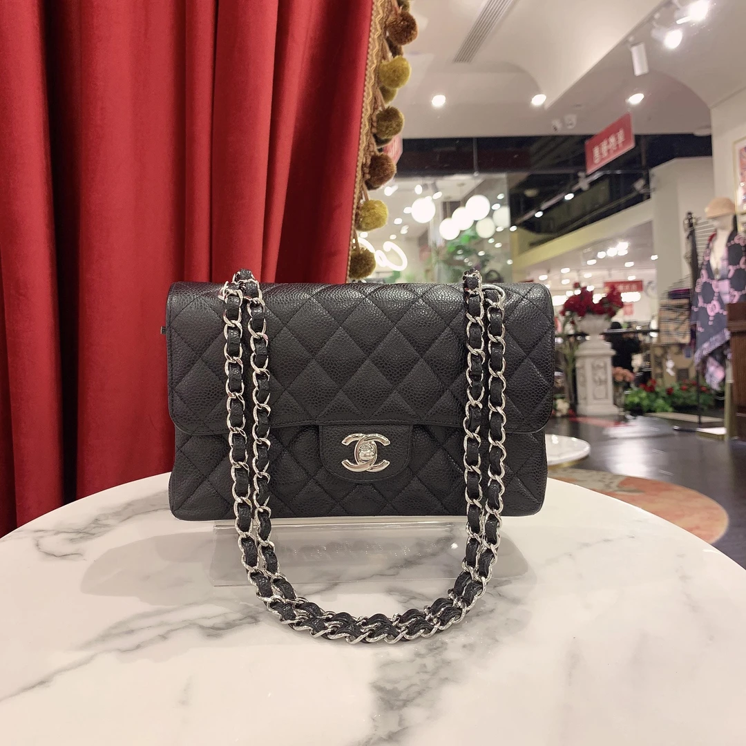 95新 Chanel/香奈儿 GGS香奈儿cf小号黑银荔枝牛皮69821348
