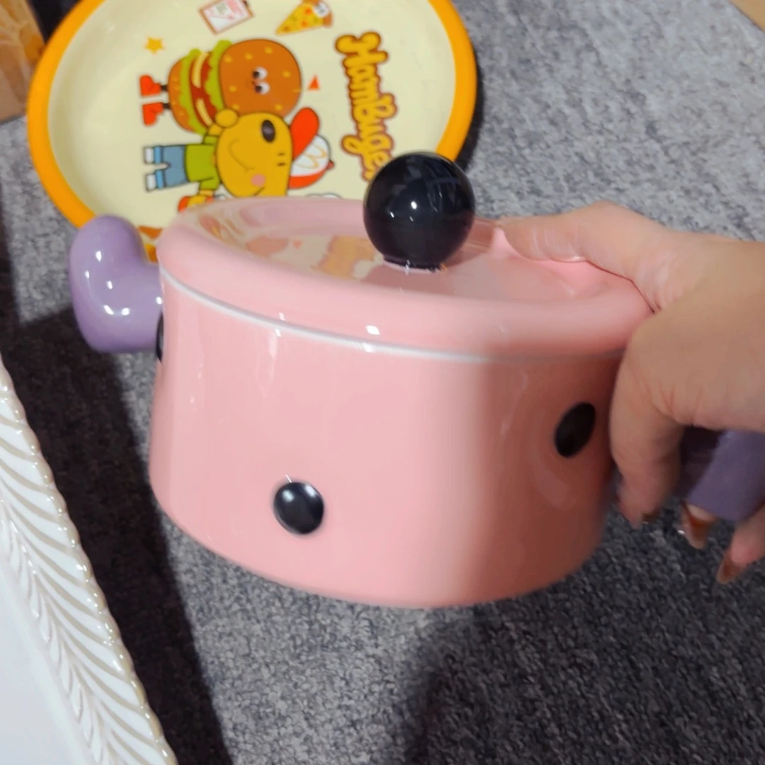 陶瓷福利款粉色波点泡面碗双耳