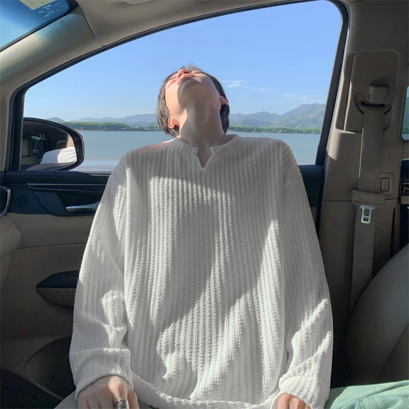 白色肌理感V领长袖t恤男款秋季高级感cleanfit卫衣小众设计打底衫