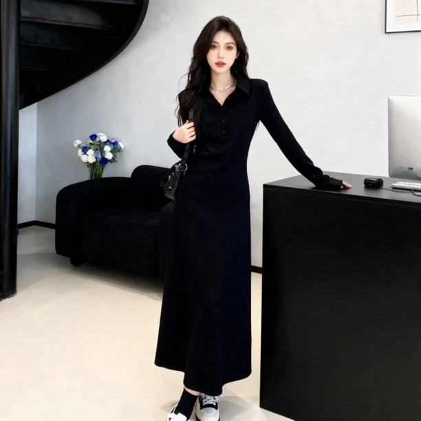 韩系长袖黑色连衣裙收腰修身显瘦气质休闲长裙复古打底高个子女装