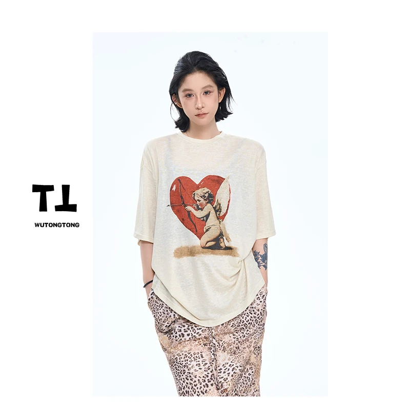 【丘比特】夏季休闲时尚宽松丘比特短袖美式印花T恤女 7565