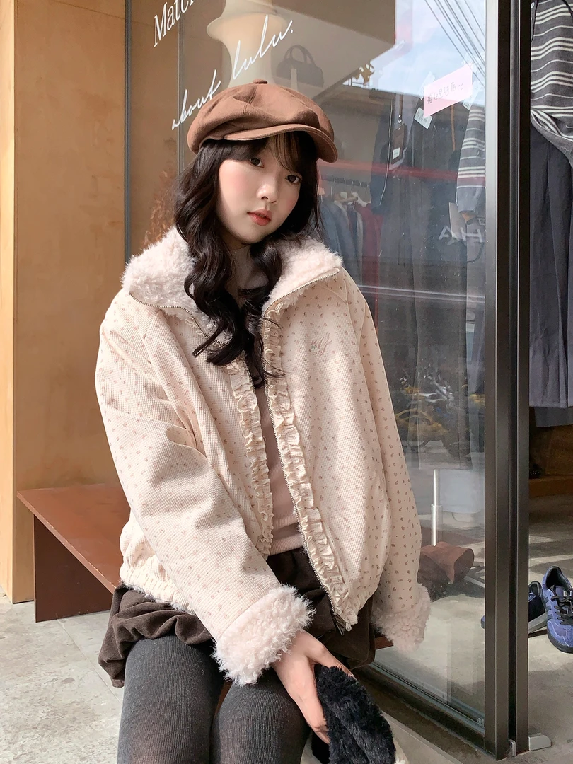 ML 8001韩系甜美温柔碎花翻领保暖冬装网红羊羔毛外套