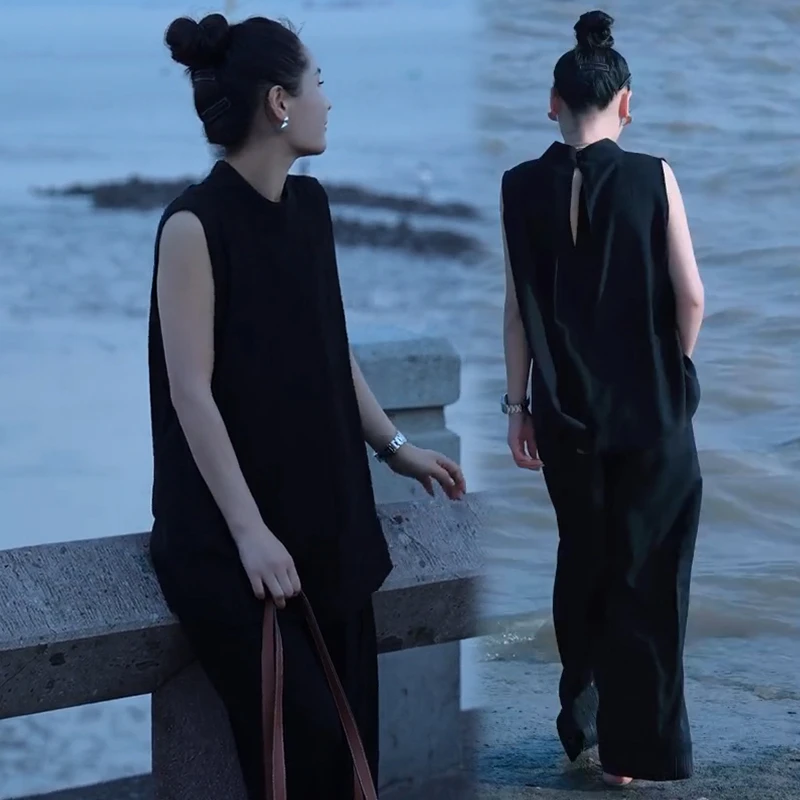 时尚休闲套装女2025夏季气质老钱风宽松无袖衬衫高腰阔腿裤两件套