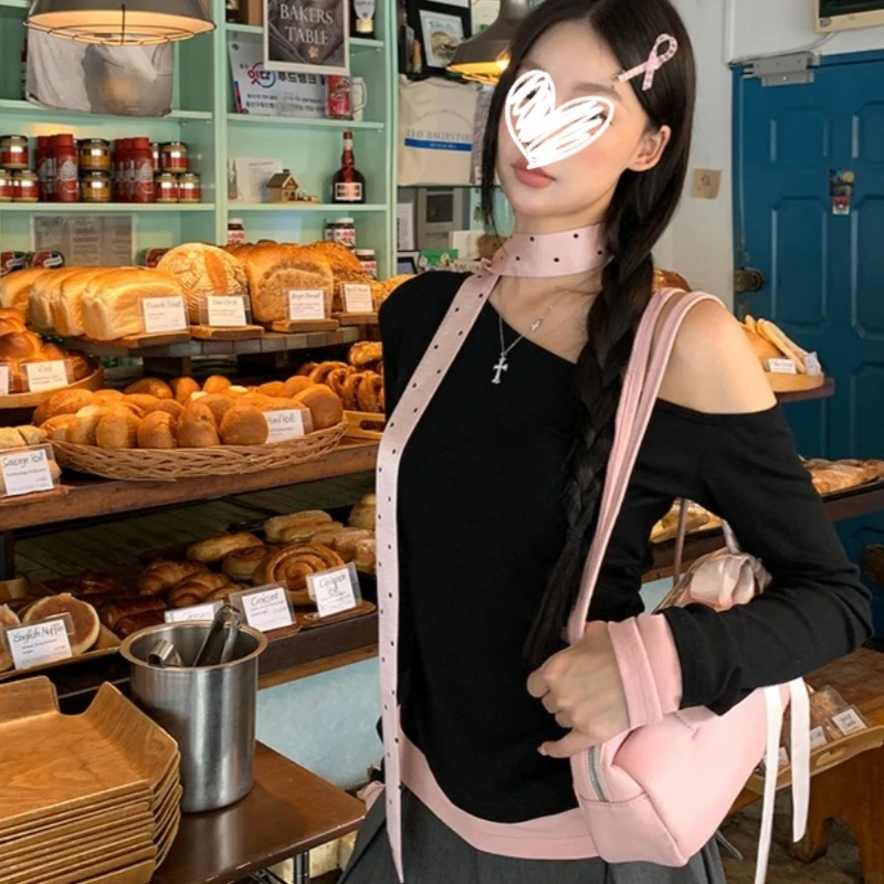 韩系气质百搭波点撞色拼接设计感长袖T恤2025秋季新款显瘦女上衣