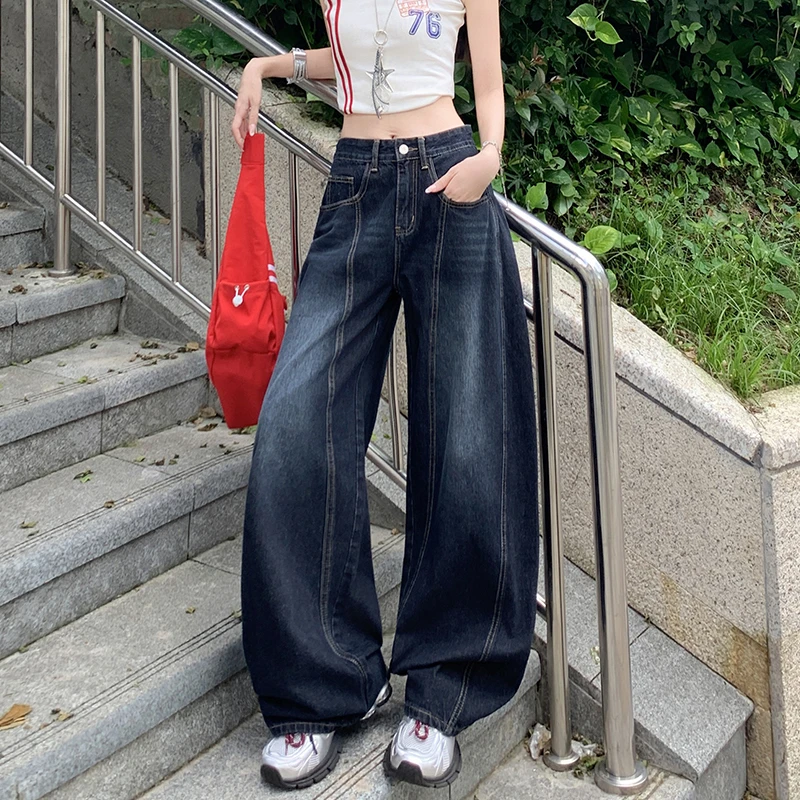 2331潮流休闲刺绣弯刀阔腿牛仔裤裤子女高腰直筒流光风宽松拖地裤