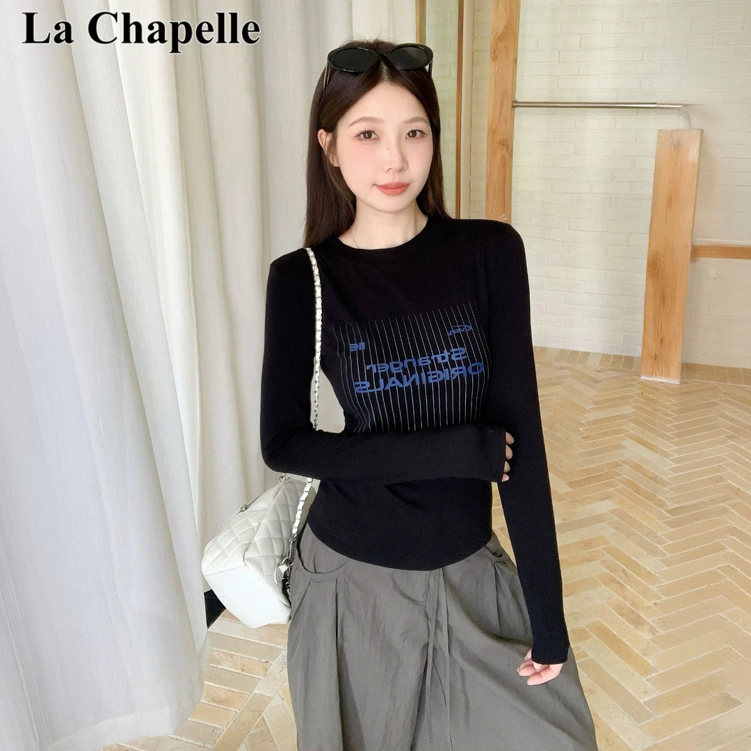 拉夏贝尔时尚洋气显瘦修身大码女秋美式复古字母印花长袖T恤上衣