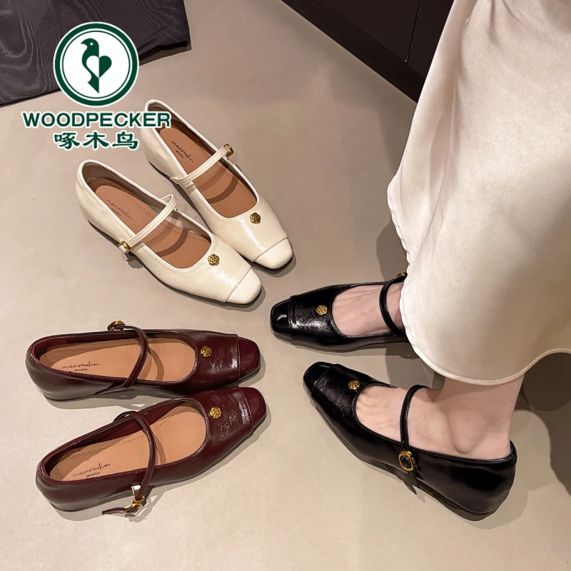啄木鸟2025新款复古山茶花方头内增高玛丽珍鞋女时尚百搭通勤单鞋