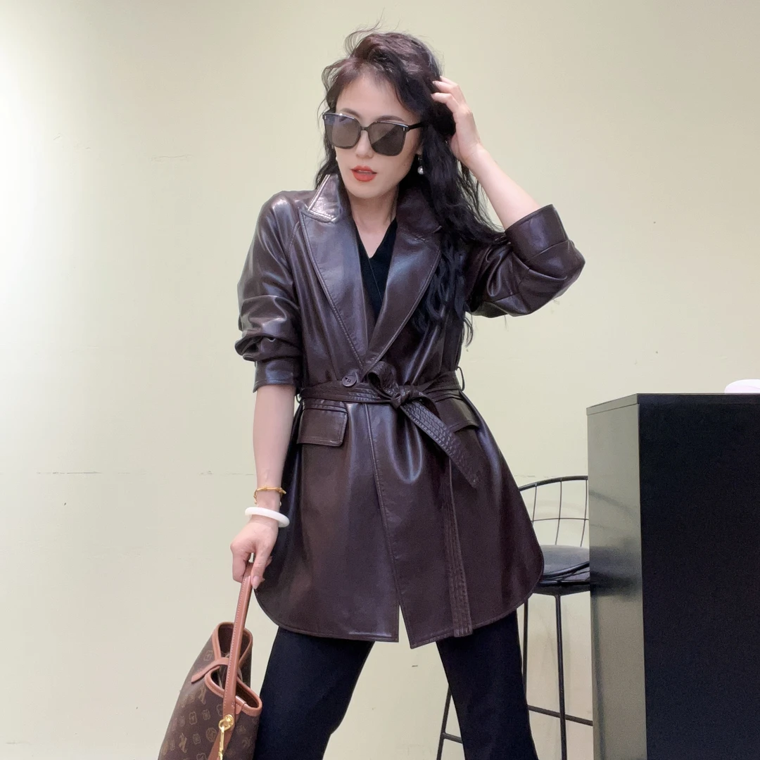 2025秋季系带小众轻职风西装领皮衣女装皮衣外套女款爆款2025新款