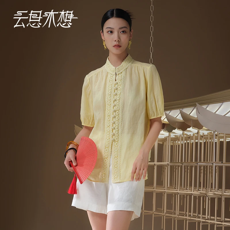 Ysimo-X云思木想 风轻月柔 手钩花边领编织扣100苎麻衬衫13126