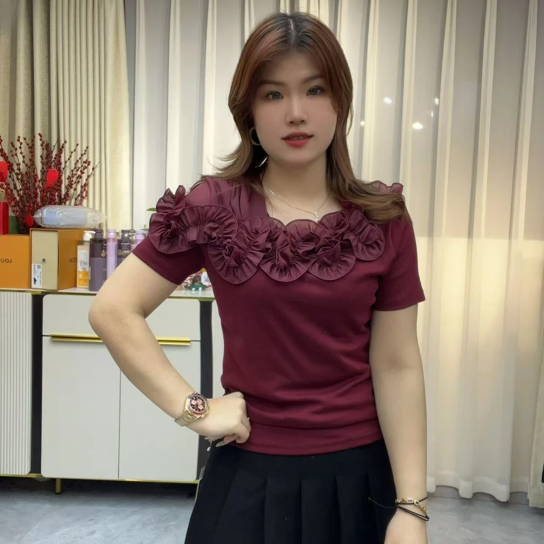 小鑫肝@重工蕾丝花朵木耳边网纱漏肩修身百搭T恤 3336