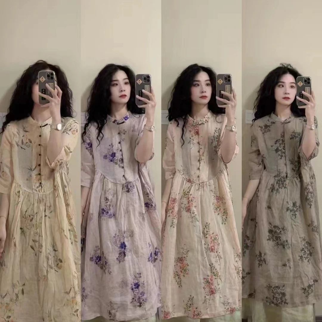 连衣裙女装夏季苎麻印花抽绳V领百褶裙子棉麻宽松中长款粉色