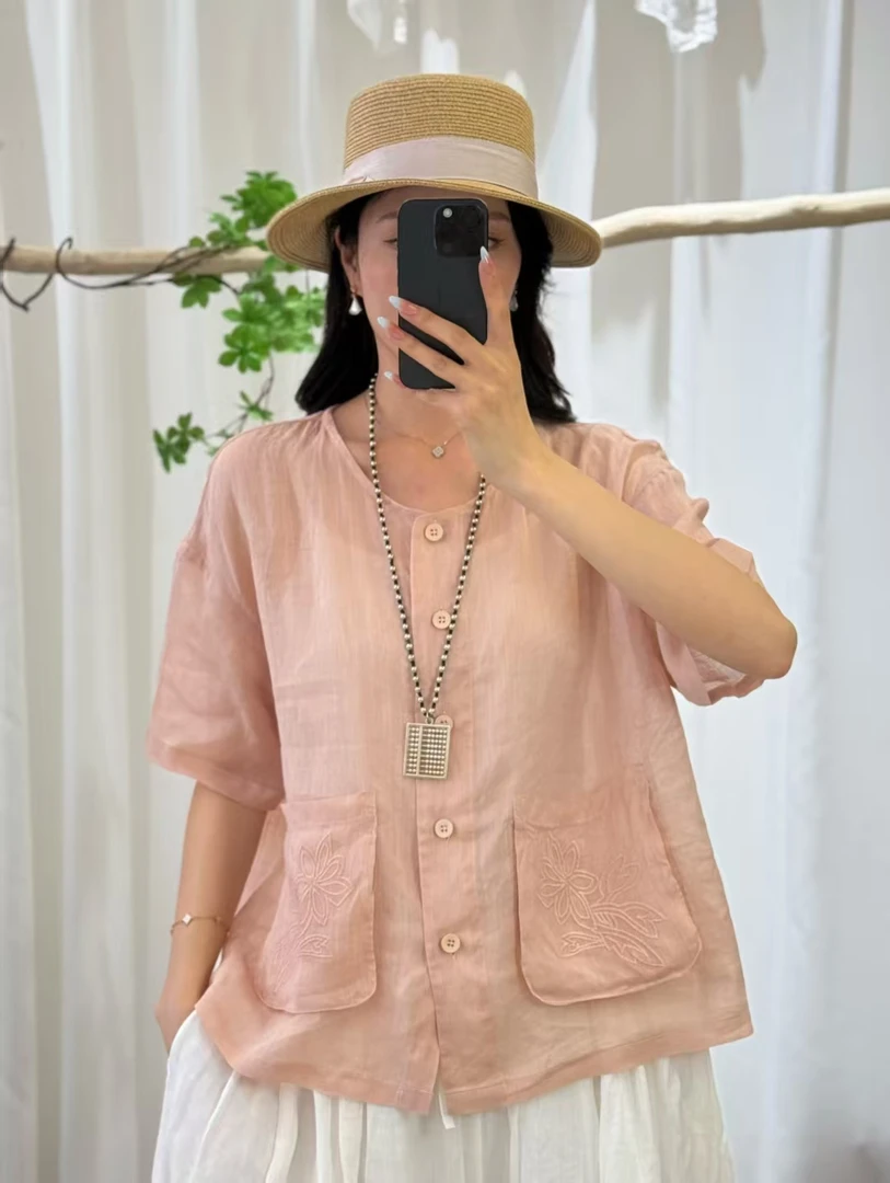 夏季清薄通勤衬衫  口袋绣花