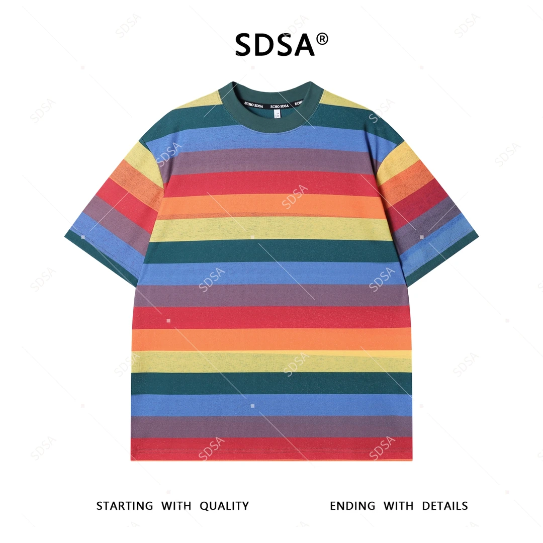 夏季高级感新款男士韩版彩虹条纹设计短袖T恤小众设计圆领上衣潮