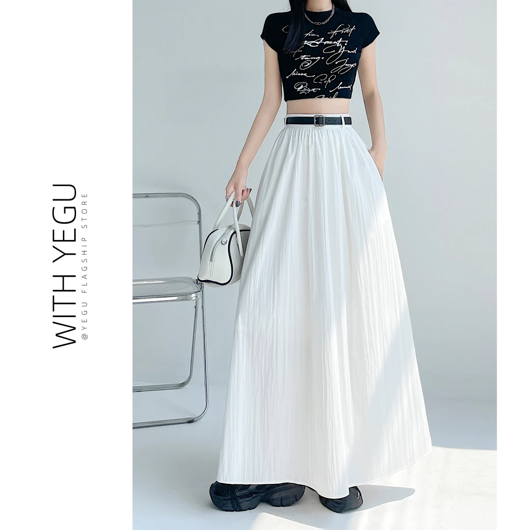 原宿风白色褶皱半身裙女夏季薄款显瘦大摆长裙高腰垂感a字伞裙潮