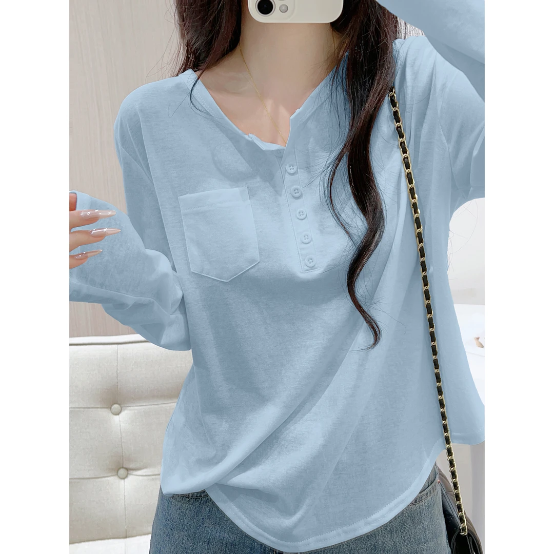 蓝色设计感雪花棉t恤长袖2025秋新款女款爆款显瘦内搭打底衫上衣