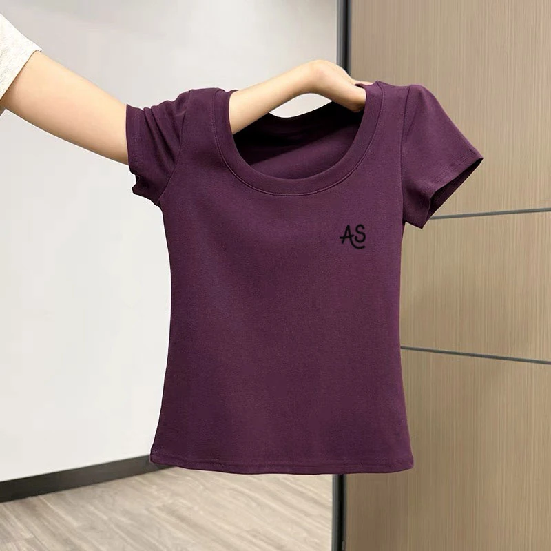 正肩u领修身白色短袖T恤女夏季2025新款内搭打底紧身百搭显瘦上衣