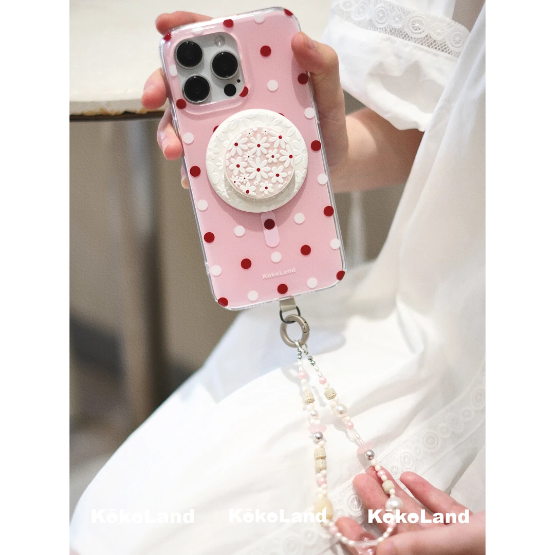 KokoLand粉白波点双层imd艺术小众高级磁吸亮面适用于苹果手机壳