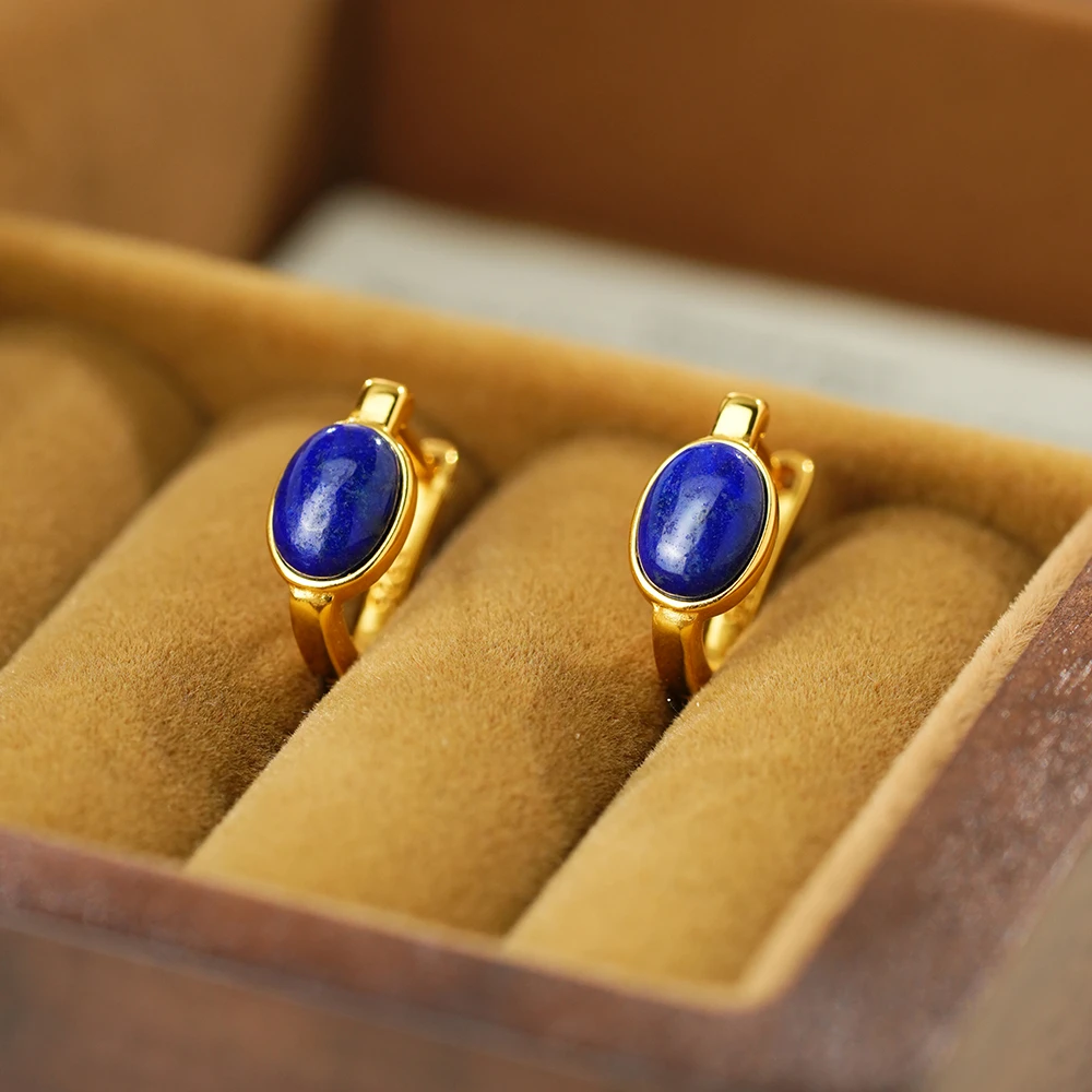 御臻珠宝｜青金石｜S925银｜耳饰耳扣蛋面简约时尚新中式日常古风