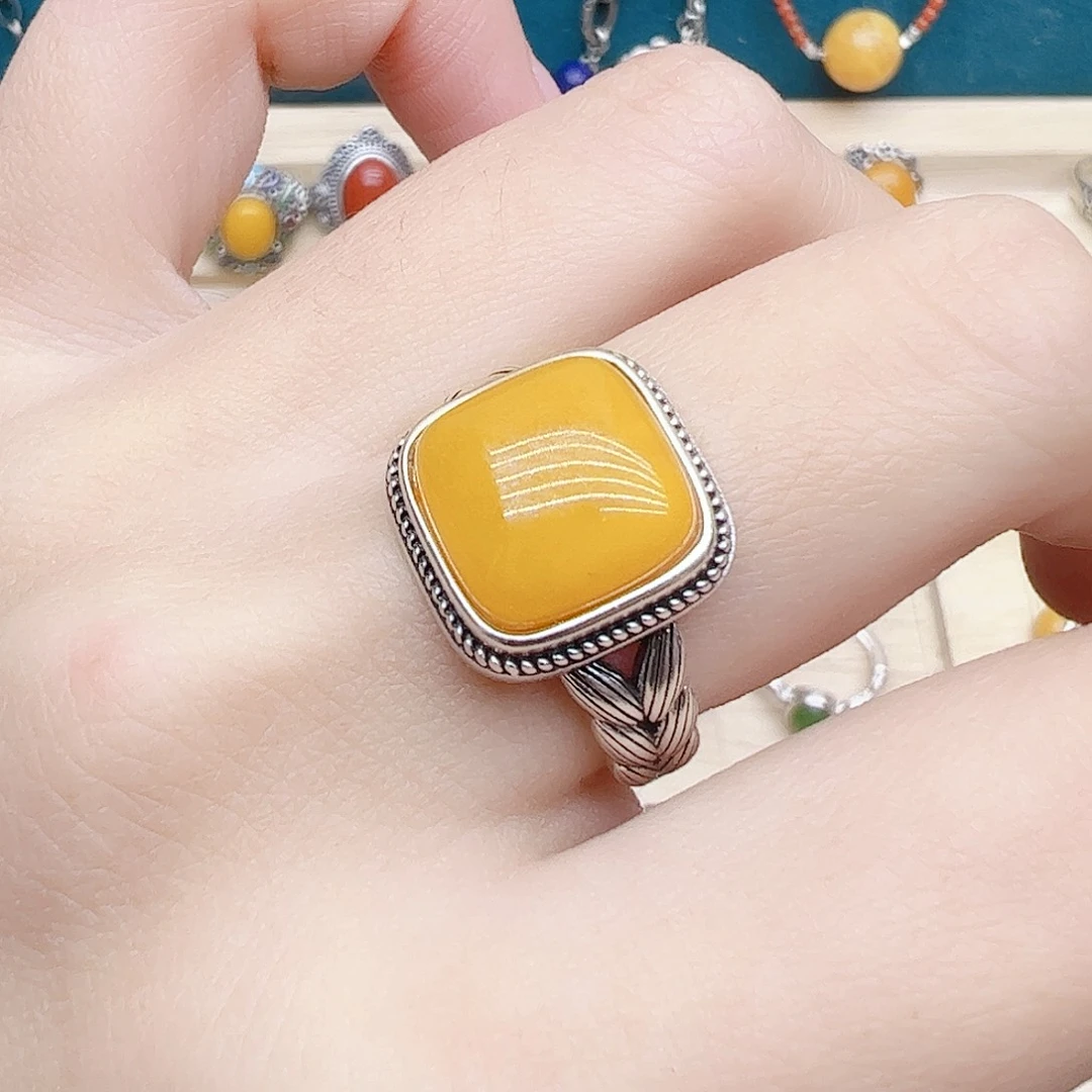 蜜蜡戒指银S925镶嵌，