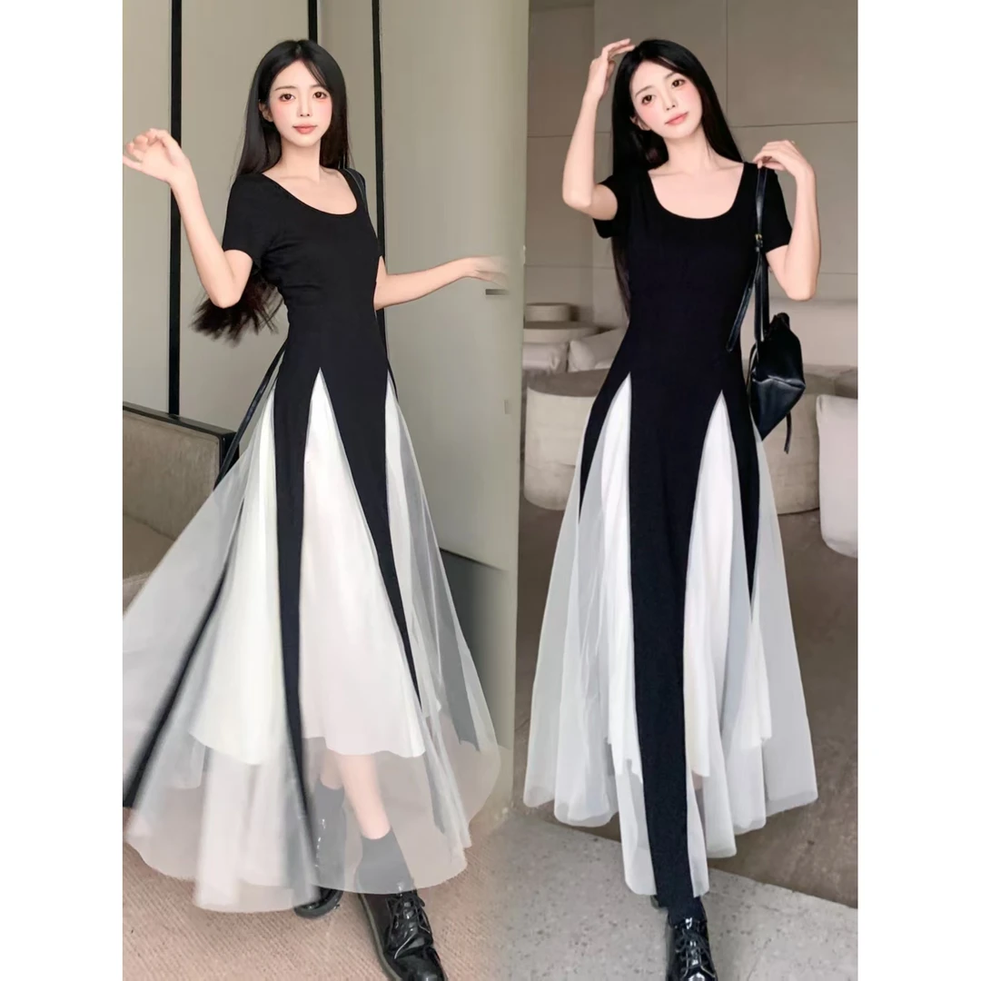 大码法式氛围感小众撞色高级设计感拼网纱连衣裙胖MM显瘦A字裙女