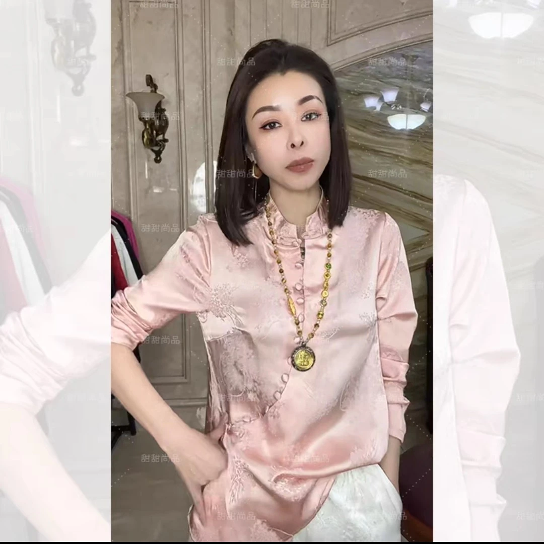 时尚气质立领复古提花新中式长袖上衣复古高级垂感扣子衬衫