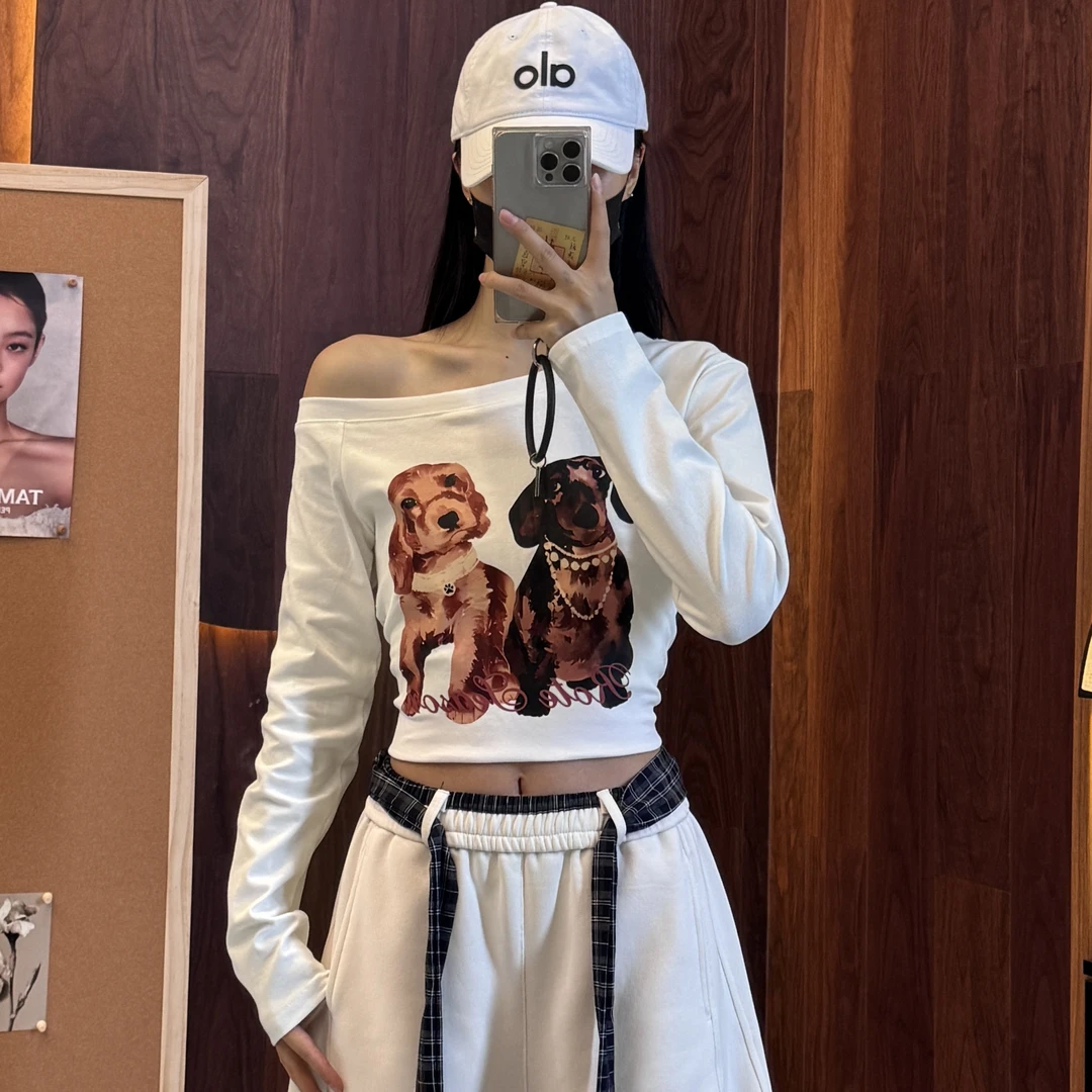 短款印花少女风卡通长袖T恤时尚显瘦设计感秋季修身T恤