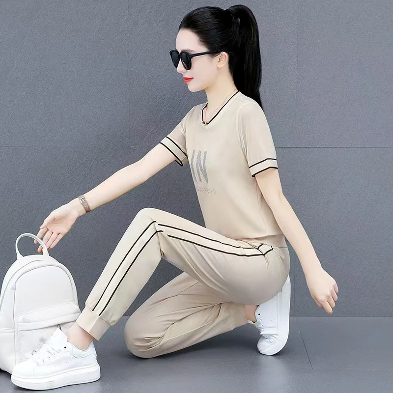 常规女薄款短袖印花冰丝运动套装女装韩版夏天宫廷风