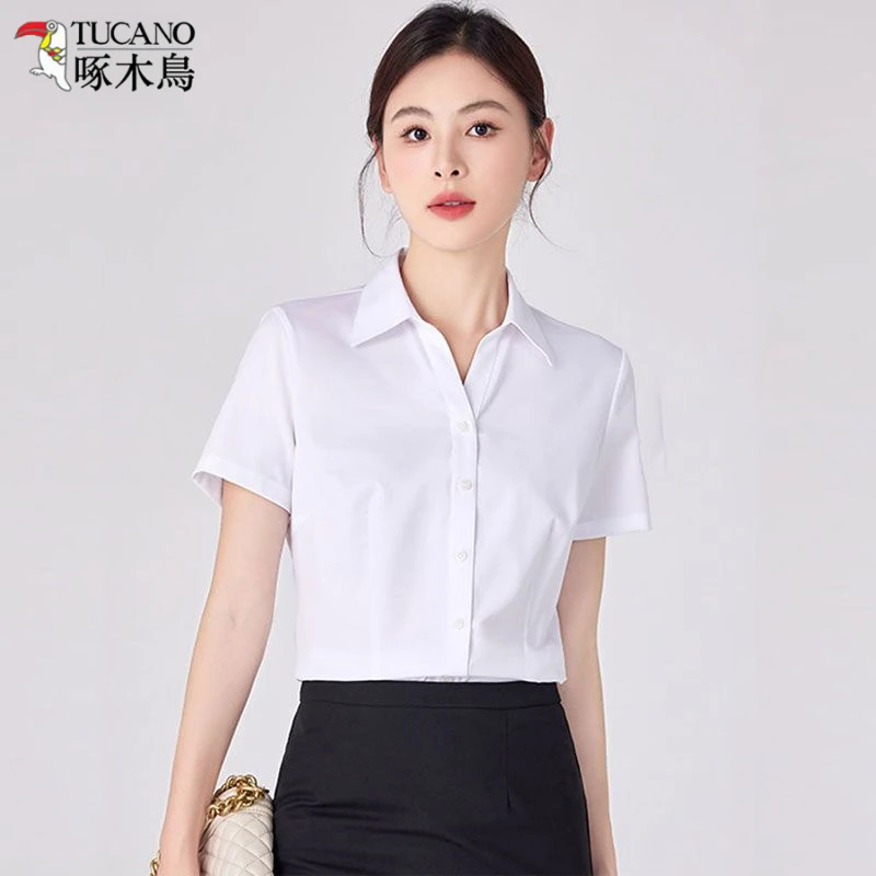 TUCANO/啄木鳥白色V领短袖正装衬衫女夏季修身商务通勤职业工作服