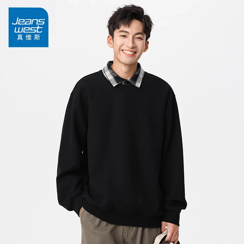 Jeanswest/真维斯潮牌男士假两件卫衣秋冬季宽松百搭翻领长袖上衣