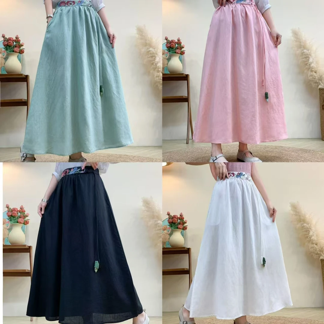 亚麻半身裙子唐汉布依新款D