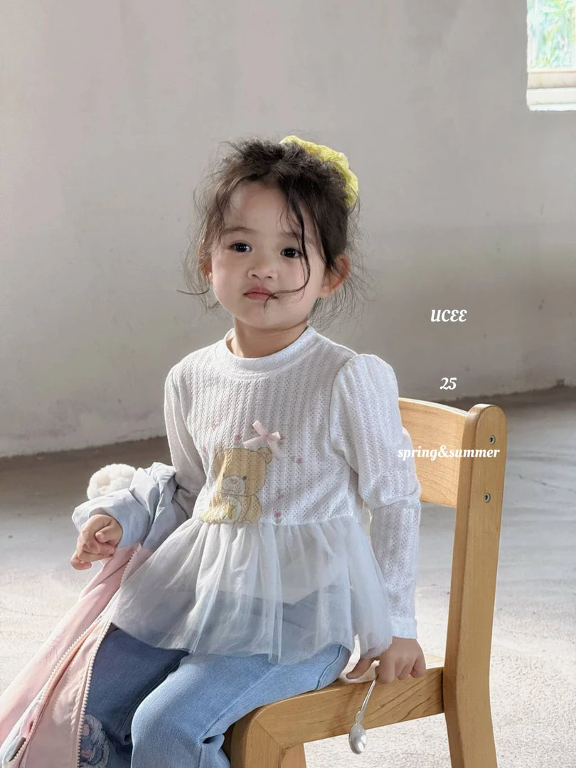 【釉兮】25春 女童小熊拼纱蝴蝶结上衣+微喇牛仔裤